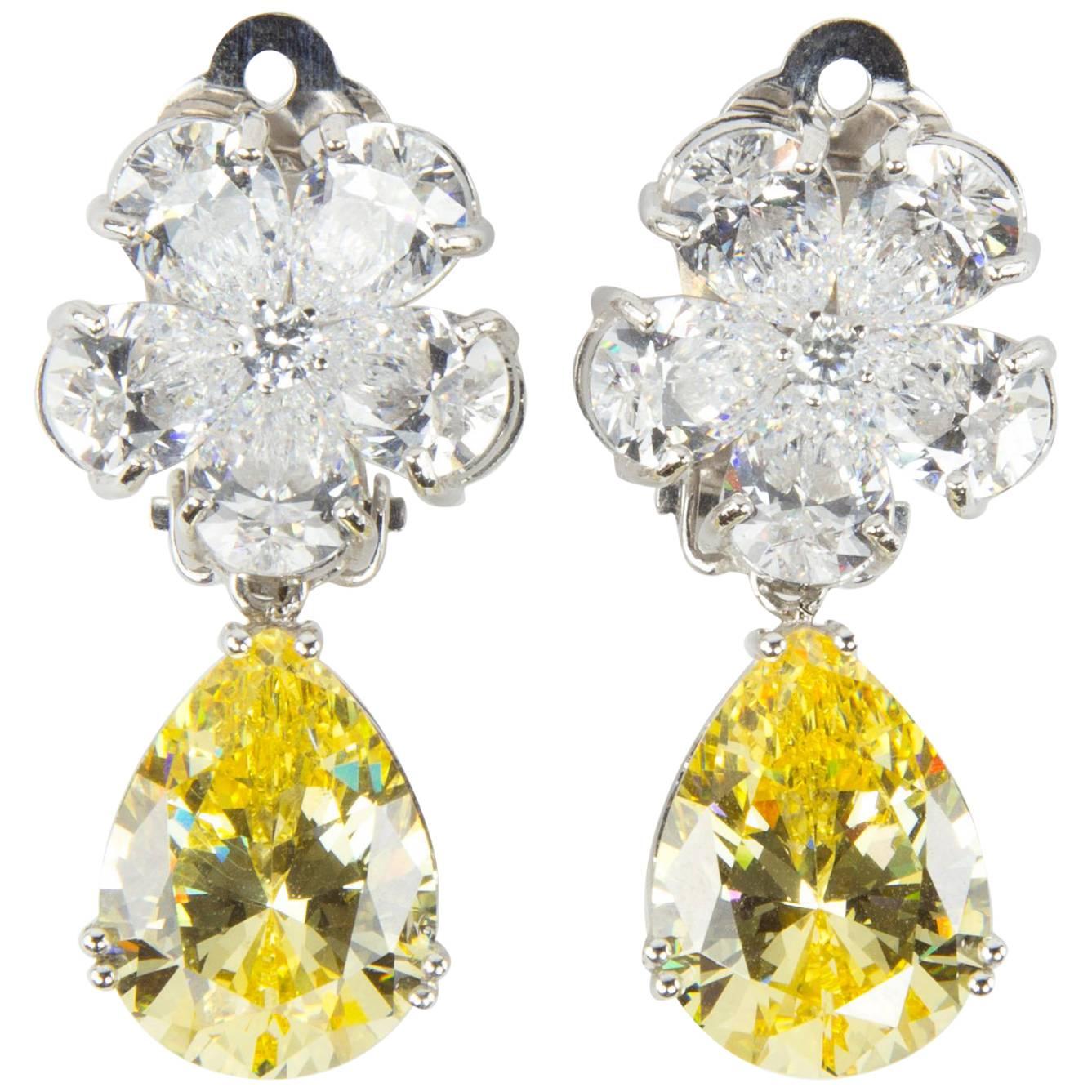 Amazing Faux Diamond and Yellow Diamond Drop Clip Earrings