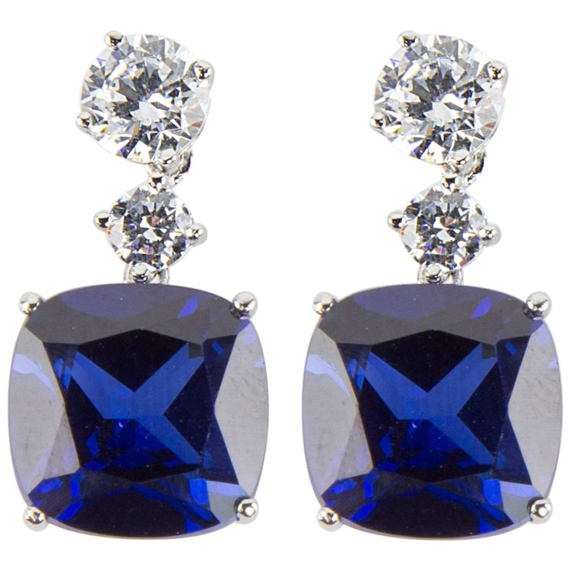 Stunning Faux Diamond and Blue Sapphire Drop Statement Earrings For Sale