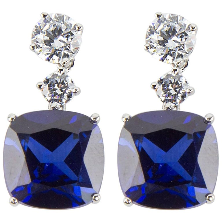 Stunning Faux Diamond and Blue Sapphire Drop Statement Earrings For