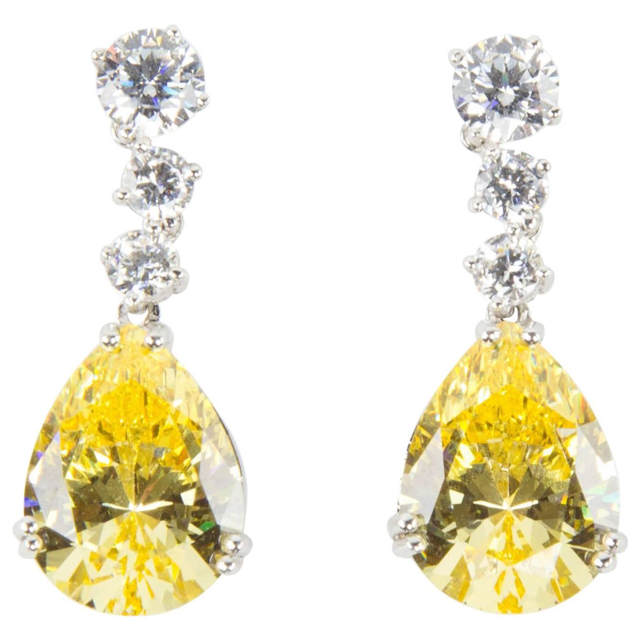 Amazing Faux Diamond and Yellow Teardrop Diamond Drop Statement Earrings