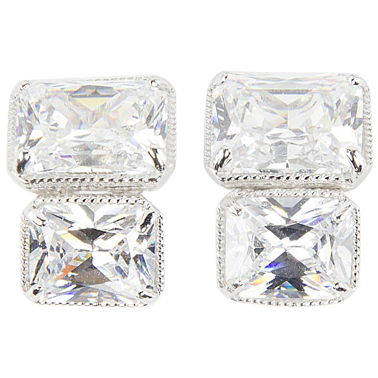 Fabulous White Rectangular Brilliant Cut Faux Diamond Sterling Silver Earrings