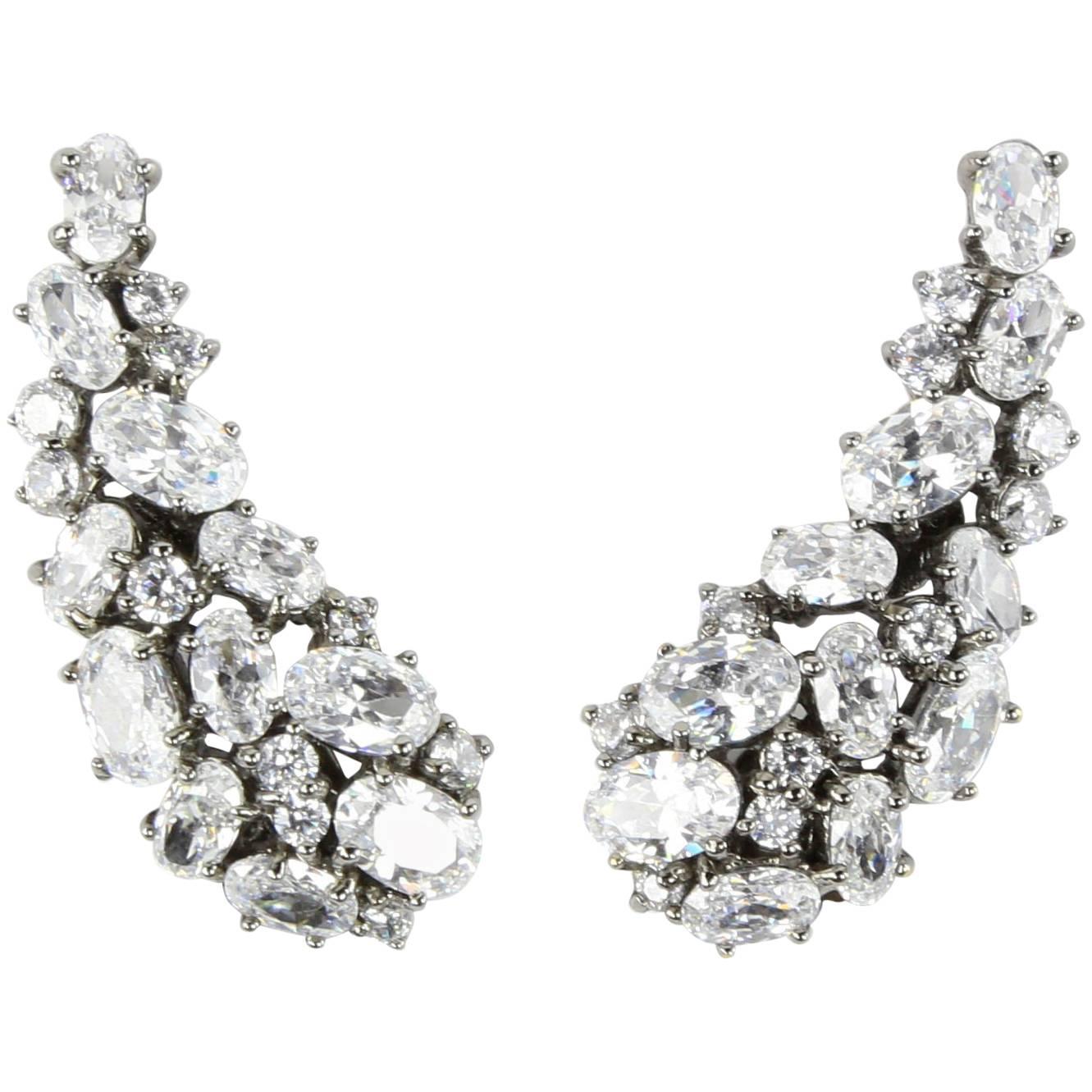 Stunning Faux Brilliant Cut Diamond Demi Lune Sterling Silver Runway Earrings