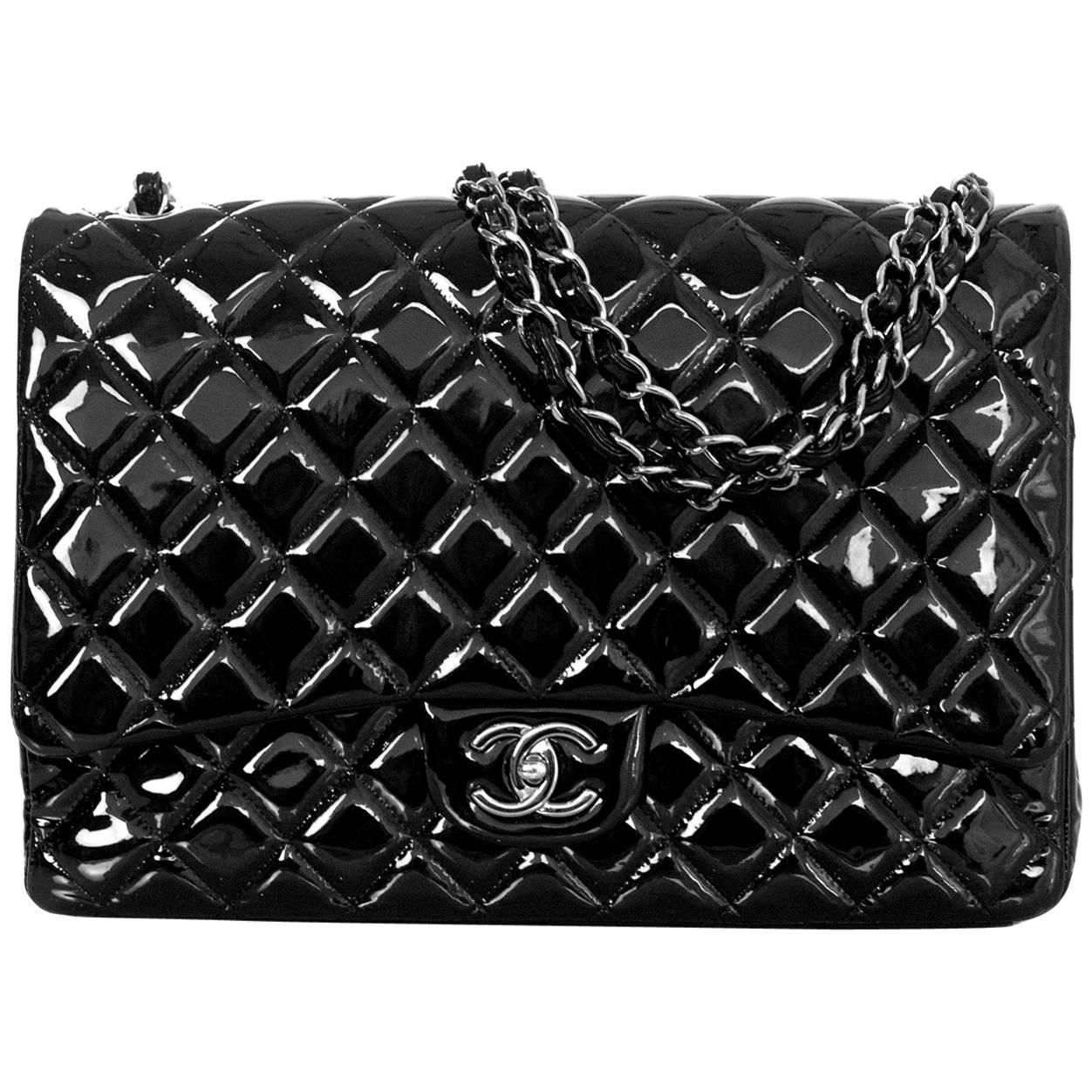 Chanel Black Quilted Patent Leather Double Flap Classic Maxi Bag For