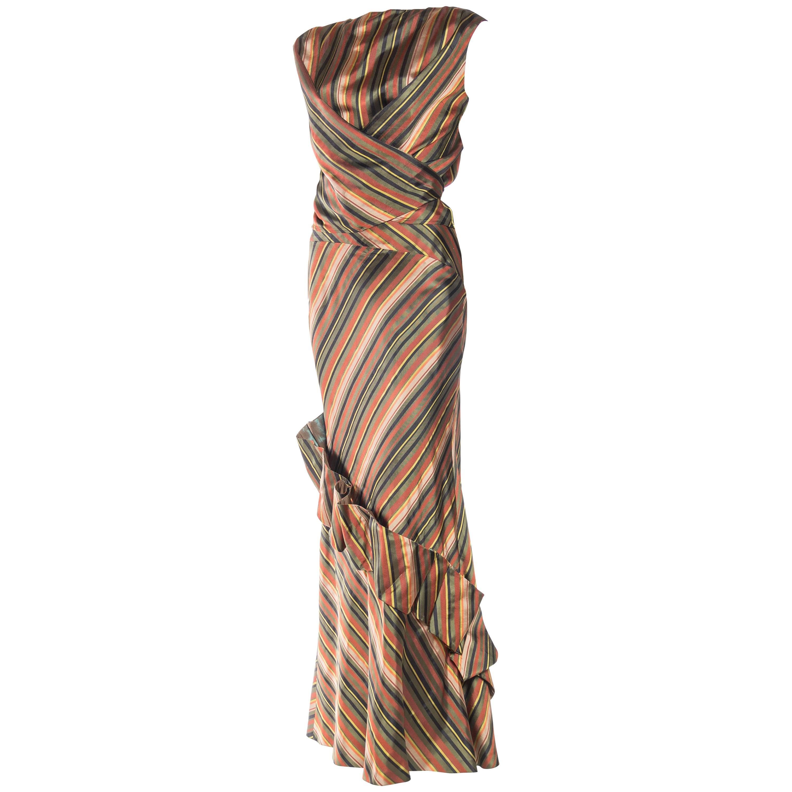 1990S KENZO Dark Green & Copper Striped Silk Blend Bias Cut Skirt Top 2 Piece G