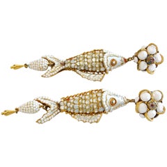 1970s Asian Carp Cloisonné Gold Filigree with White Rhinestone Earrings