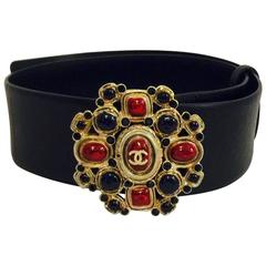 iconic Chanel Black Leather Belt With Black, Red and Blue Gripoix Buckle