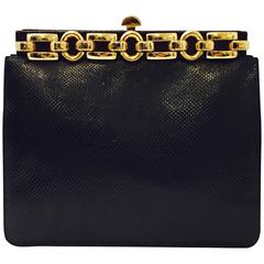 Judith Leiber Framed Black Lizard Bag with Large Chain Decoration 10