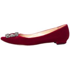 Manolo Blahnik Red Velvet Hangisi Crystal Flats w/ Box sz 38.5 3