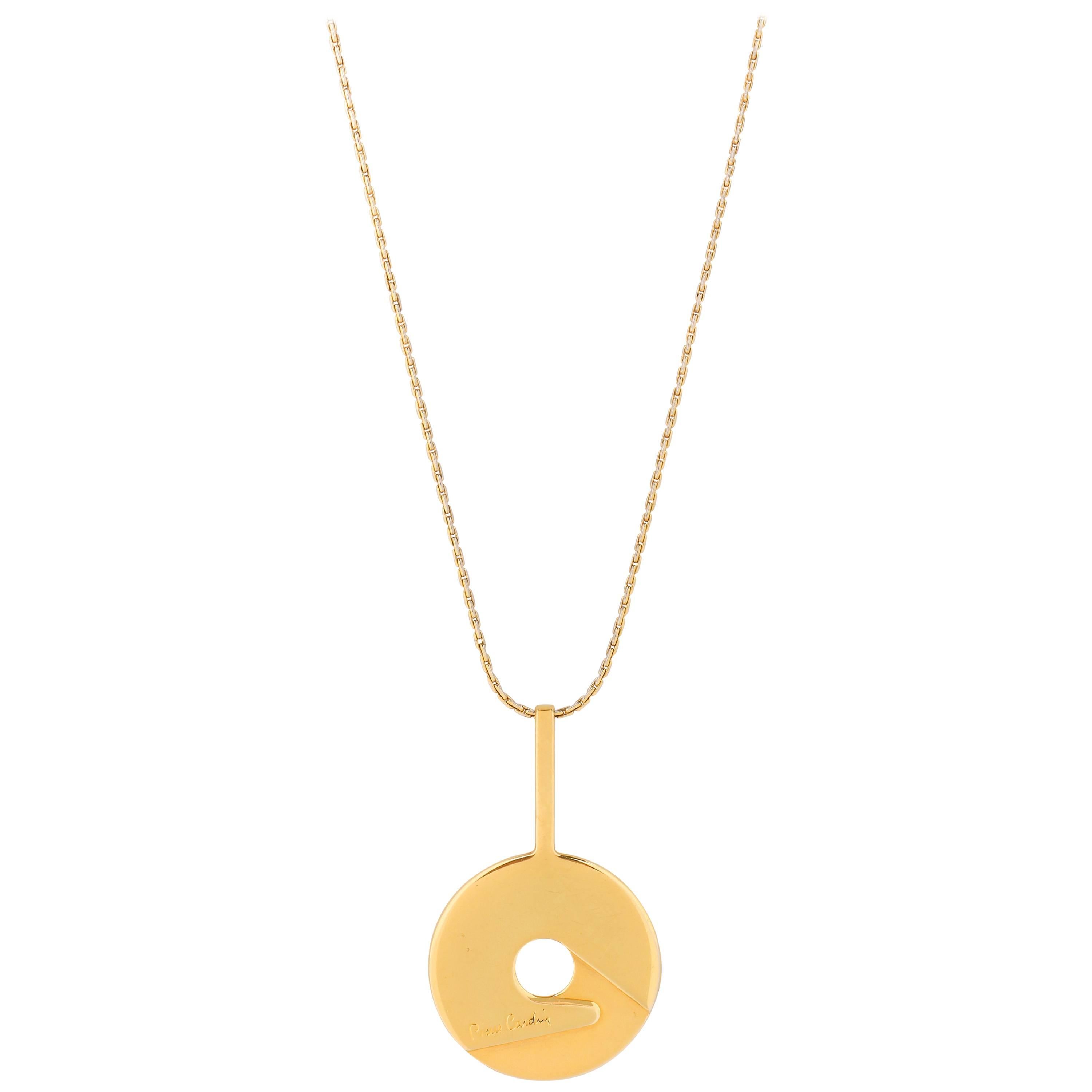 PIERRE CARDIN c.1970
s Gold Two Tone Modernist Disc Pendant Necklace