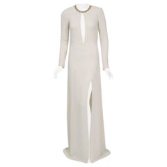 2006 Alexander McQueen Documented Runway Ivory Silk Chain Plunge High-Slit Gown