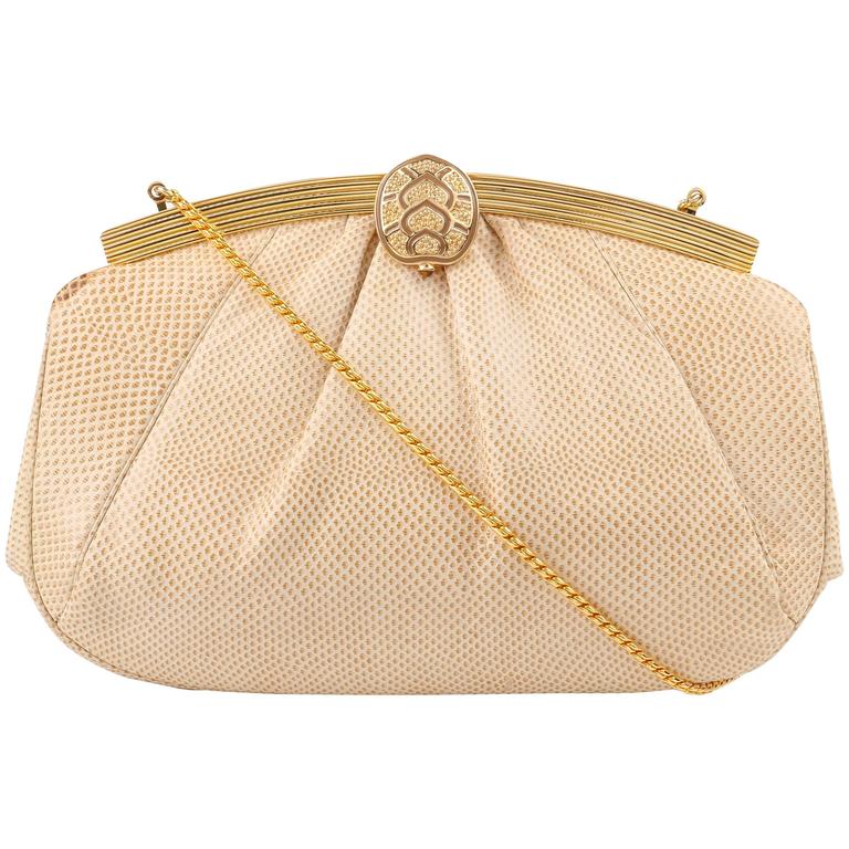 JUDITH LEIBER c.1980's Cream Snakeskin Leather Gold Frame Evening Bag