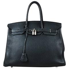 Hermes Black Clemence Leather "Birkin 35" Top Handle Satchel Bag