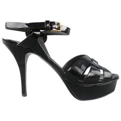 YVES SAINT LAURENT Size 7.5 Black Patent Leather Tribute Platform Sandals