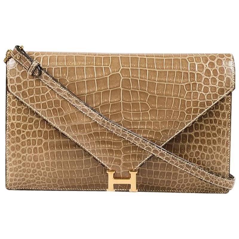 Vintage Hermes Taupe Genuine Crocodile Front Flap "Lydie" Shoulder Bag For Sale