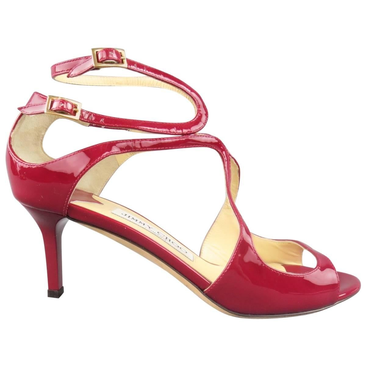 JIMMY CHOO Size 6 Burgundy Red Patent Leather Lang Strappy Sandals