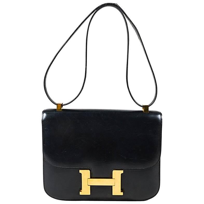 Vintage Hermes Black & Gold Tone Box Calf Leather 'H' "Constance" Flap Bag For Sale