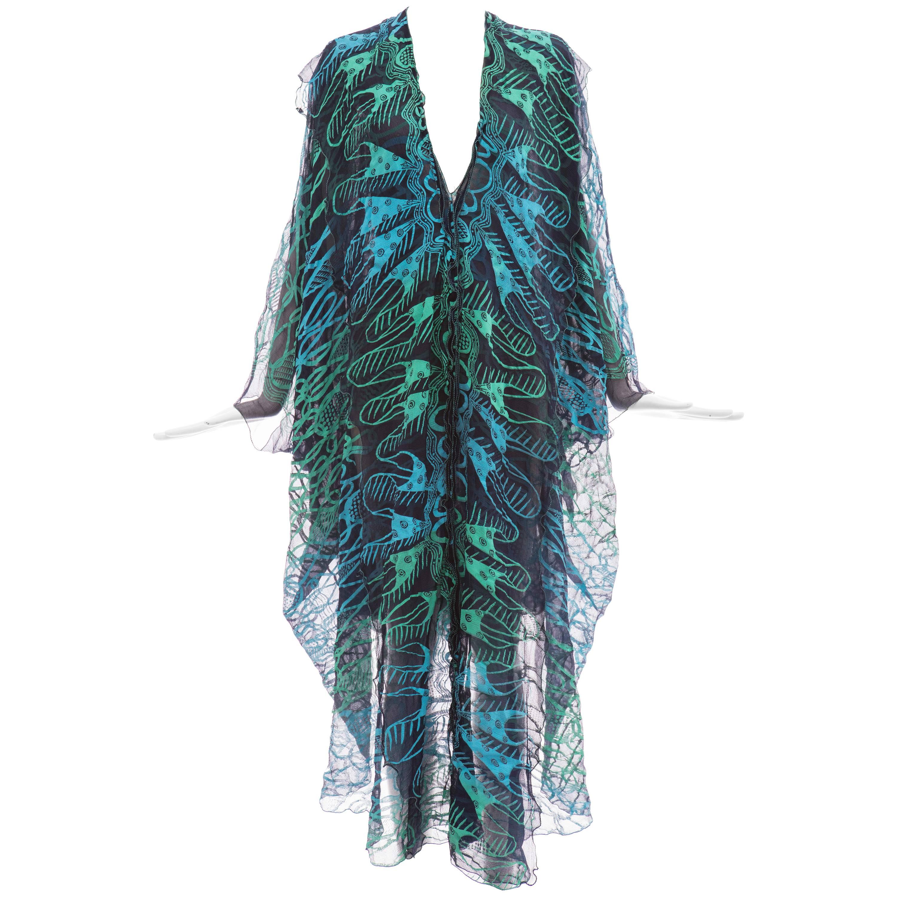 Zandra Rhodes Printed Silk Navy Blue Turquoise Green Kaftan, Circa 1970's