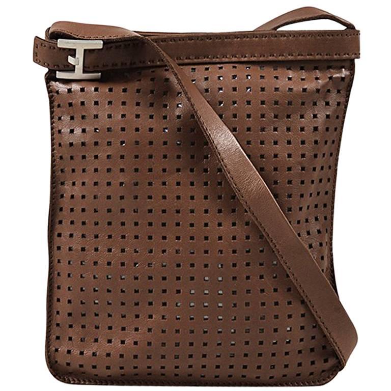Hermes Brown Leather Perforated 'H' Buckled Single Strap Mini Crossbody Bag For Sale