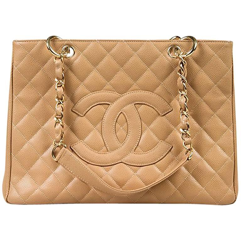 Chanel Dark Beige Caviar Leather Gold Tone Chain Link "GST" Bag For Sale