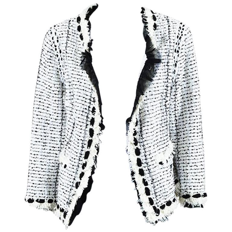 Chanel 05P Black White Cotton Blend Tweed Sequin Silk Trim LS Jacket SZ 50