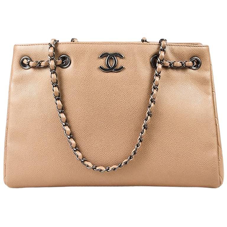 Chanel Beige Caviar Leather Quilted Trim Chain Strap "Shopping" Tote Bag For Sale