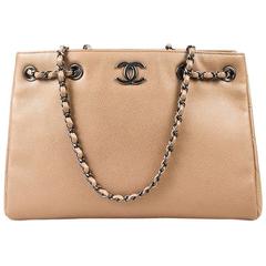 Chanel Beige Caviar Leather Quilted Trim Chain Strap "Shopping" Tote Bag