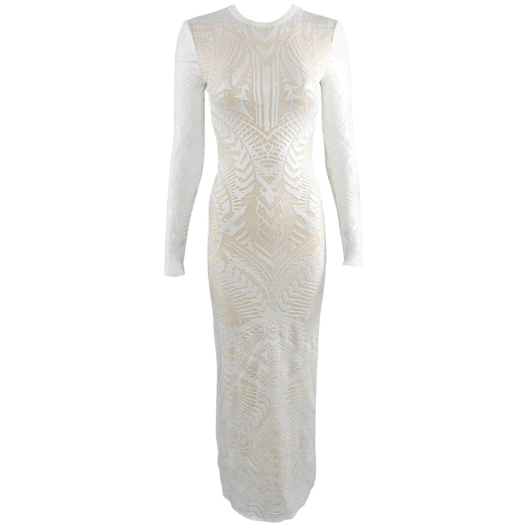 Balmain Long White Lace Stretch Dress with Nude Lining