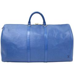 Vintage Louis Vuitton Keepall 55 Blue Epi Leather Duffle Travel Bag 