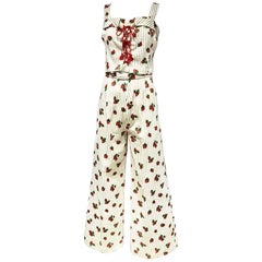 Retro 1970s Strawberry Print Cotton Crop Top Bustier and Pant Set 