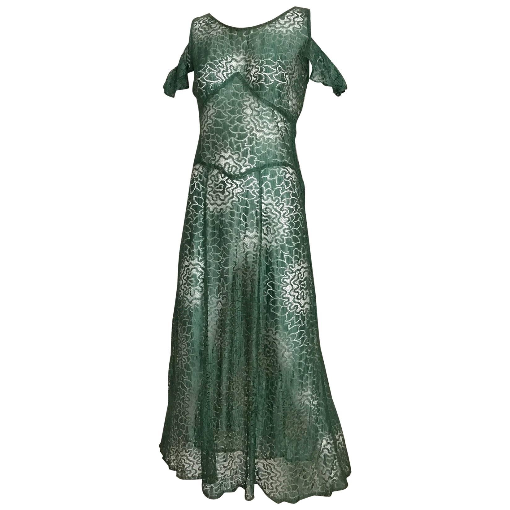 1930s Green Lace Summer Dress For Sale