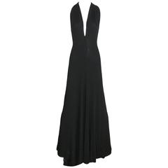1970s HALSTON Black Jersey Plunging Neckline 70s Vintage Gown with long train