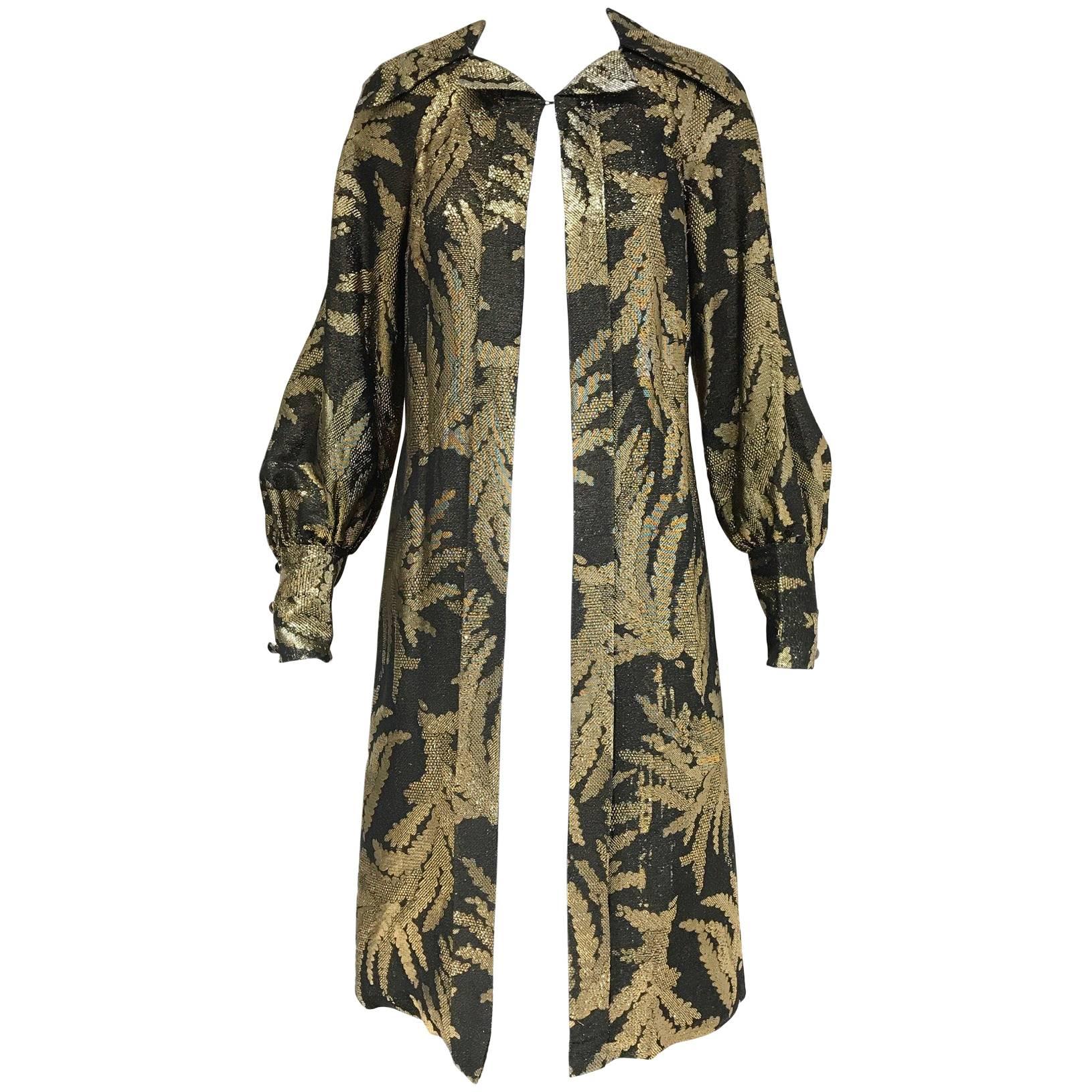 1970s Pauline Trigere vintage black and gold  silk brocade coat For Sale