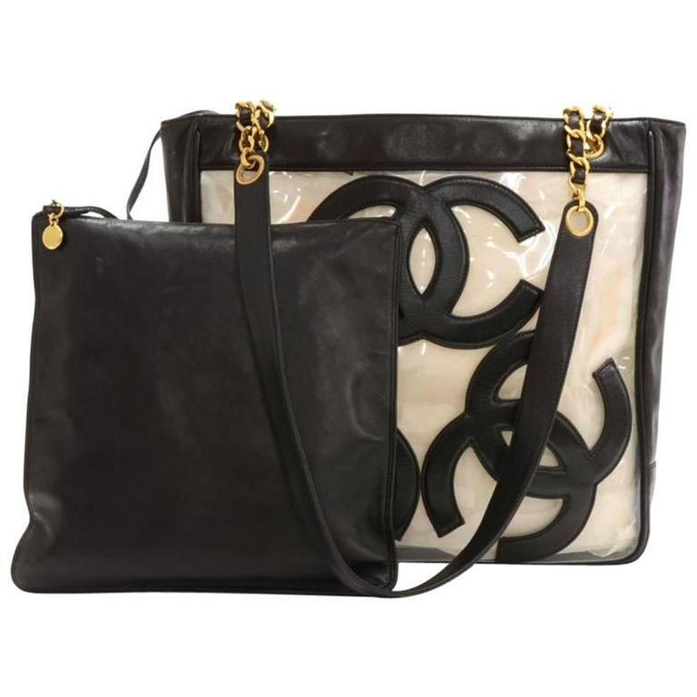 Chanel Black, Pattern Print Vintage PVC Triple CC Tote