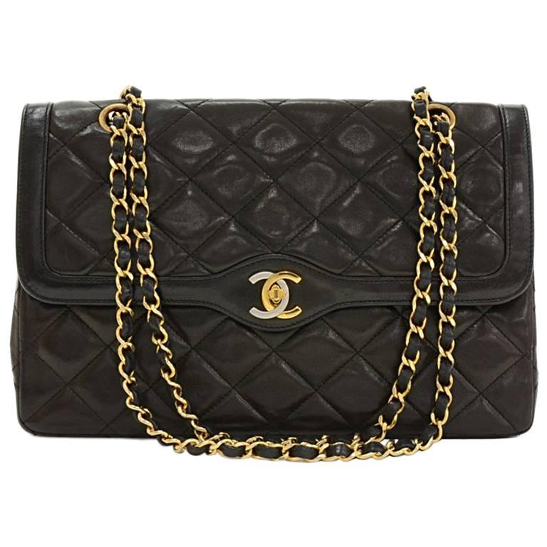 Vintage Chanel 2.55 11" Double Flap Black Quilted Leather Paris Limited Bag