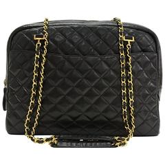 Vintage Chanel 14" Black Quilted Lambskin Leather XL Tote Shoulder Bag