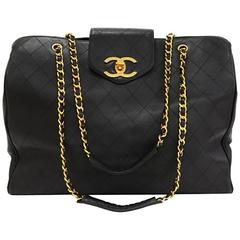 Vintage Chanel Supermodel Black Leather XL Shoulder Tote Bag