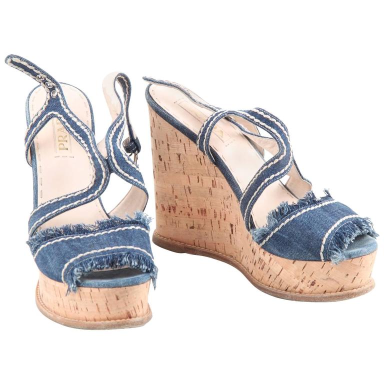 Prada Blue Denim Fringed Wedge Shoes Cork Platform For Sale at 1stdibs