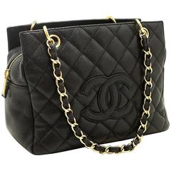 CHANEL Caviar Small Shopping Tote Bag Chain Shoulder Black Quilted 9