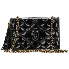 1990s Chanel Black Quilted Patent Leather Vintage Single Flap Bag