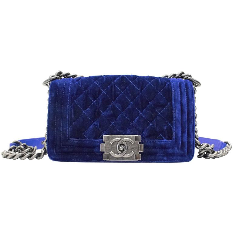 Chanel Blue Velvet Mini Boy Handbag For Sale at 1stDibs