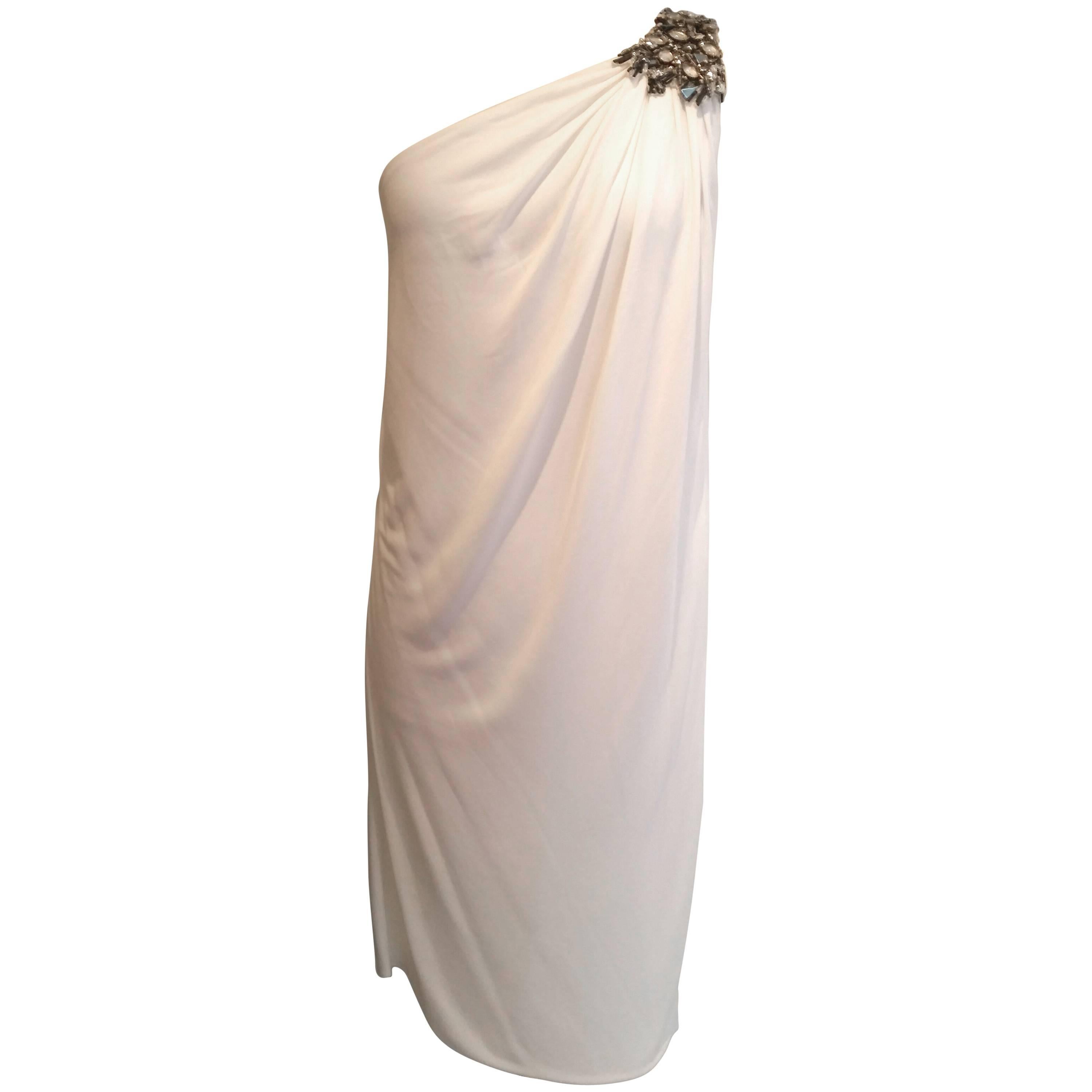 White Grecian style one shoulder cocktail dress For Sale