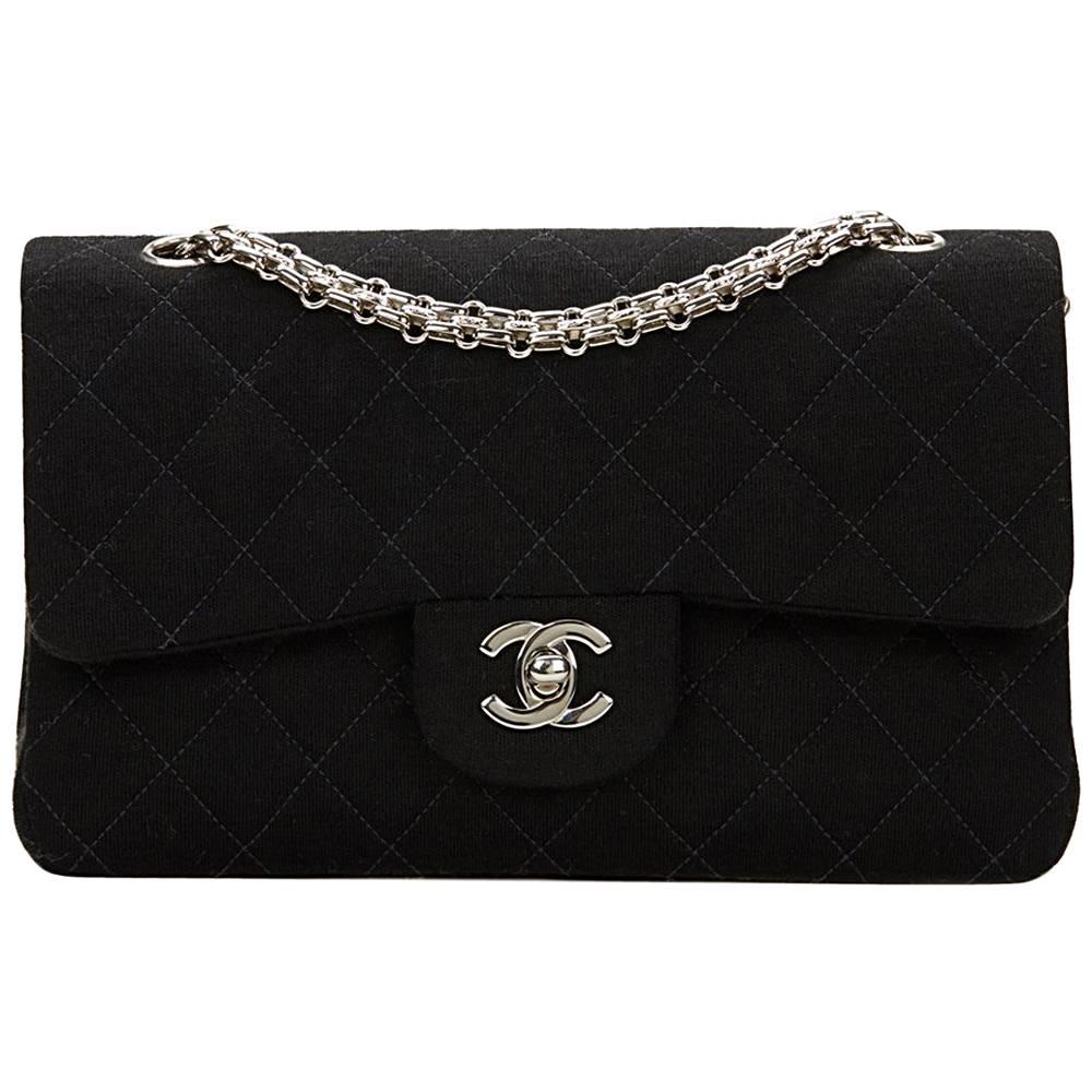 1990s Chanel Black Quilted Fabric Small Classic Double Flap Bag