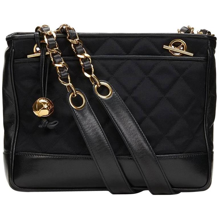 1991 Chanel Black Satin and Lambskin Vintage Timeless Shoulder Bag For