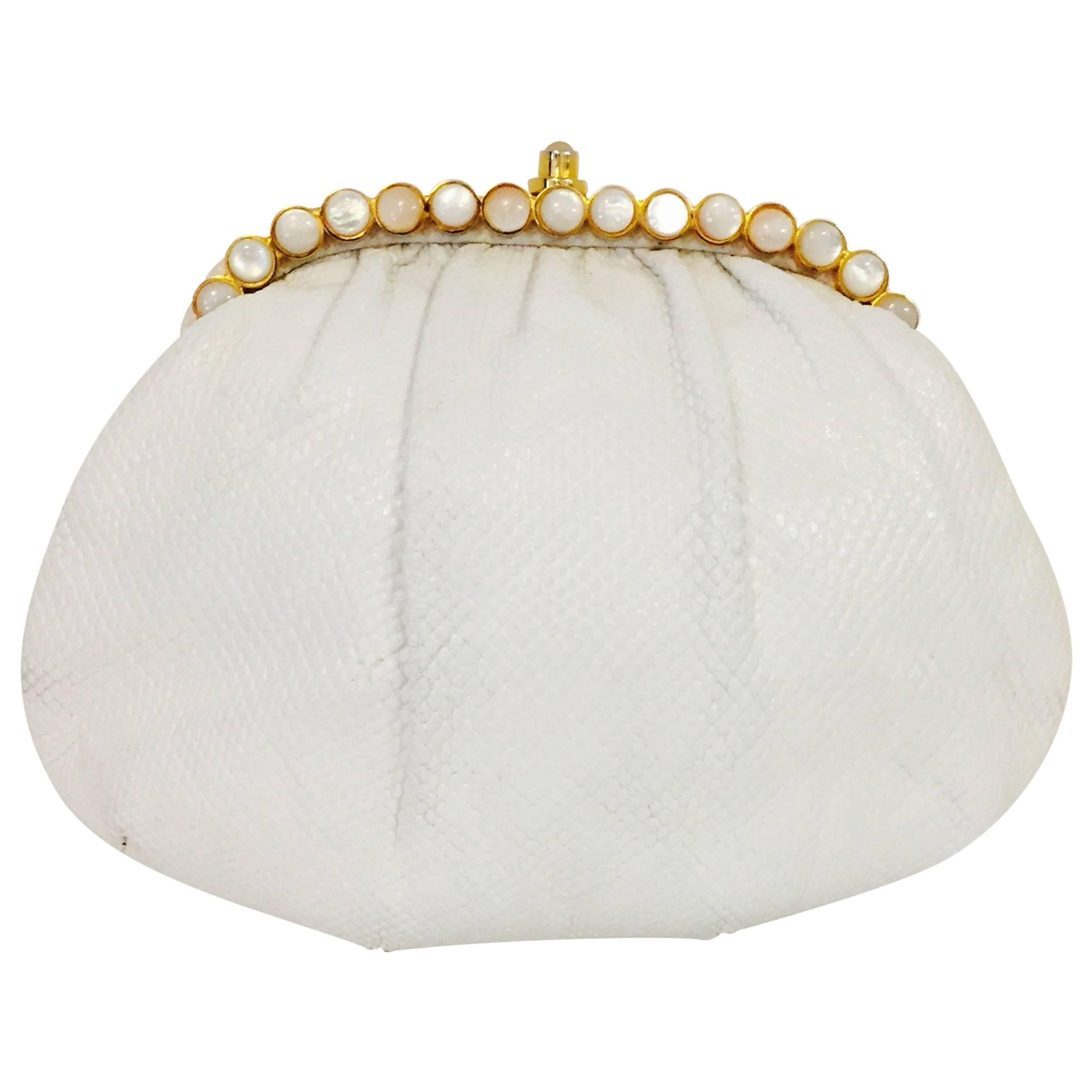 Jeweled Judith Leiber White Lizard Karung Clutch/Shoulder Bag For Sale