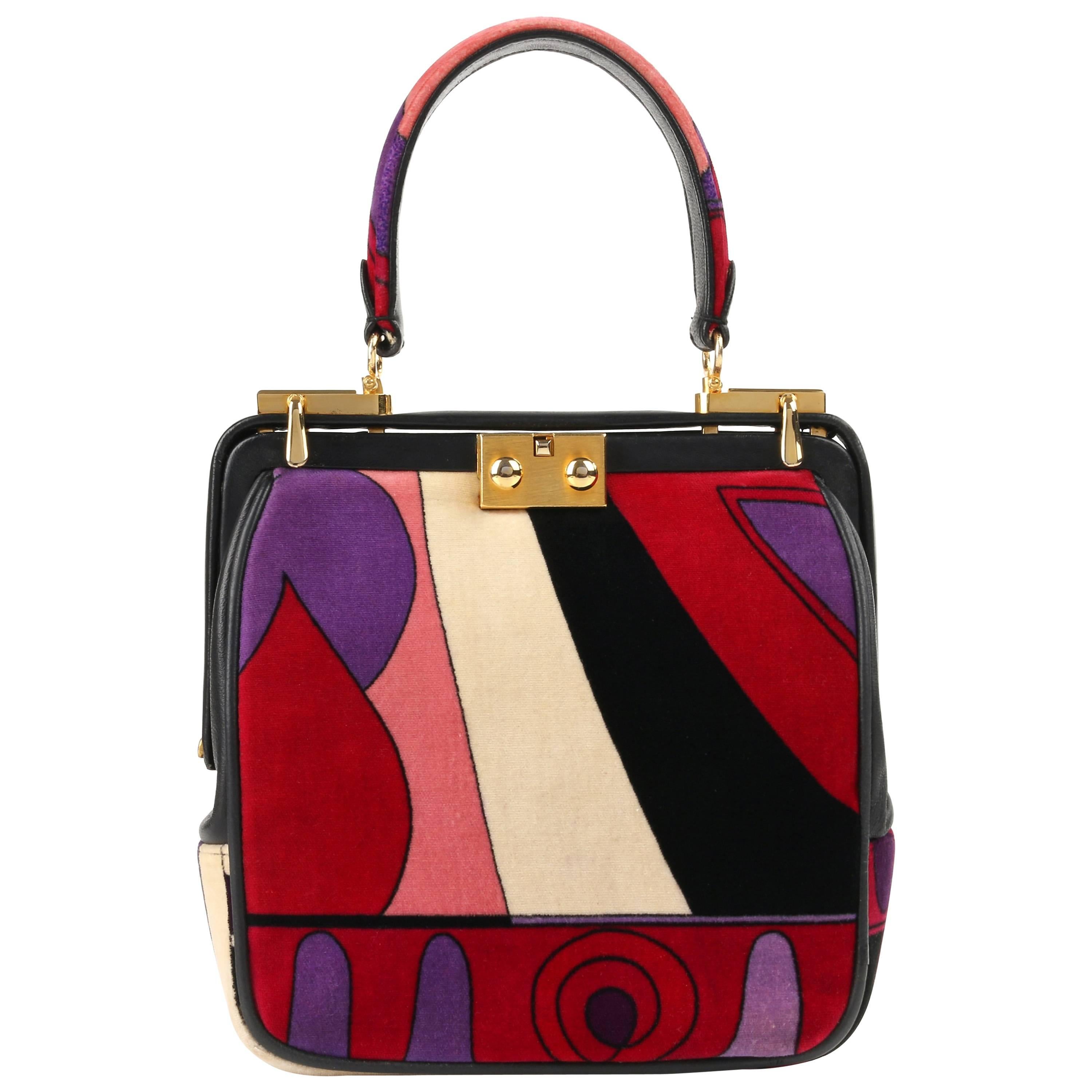 EMILIO PUCCI c.1964 "Taitù" Signature Print Multicolor Velvet & Leather Purse