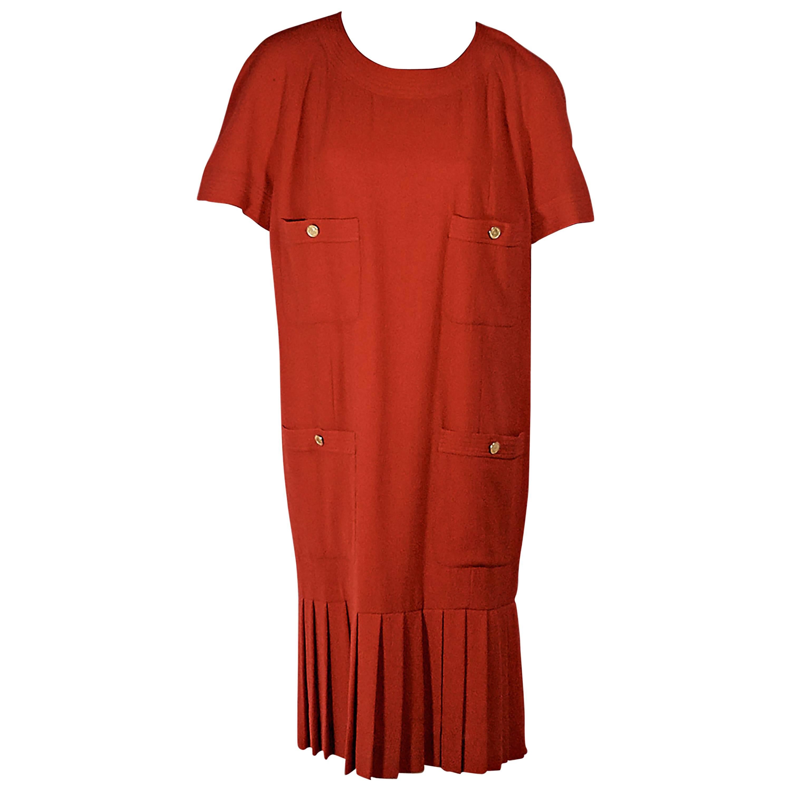 Red Vintage Chanel Pleated Short-Sleeve Dress