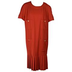 Red Vintage Chanel Pleated Short-Sleeve Dress