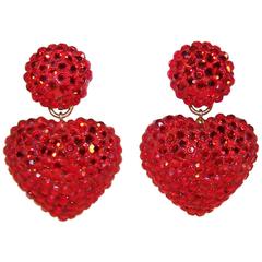 Ruby Red 1980's Richard Kerr Pave Crystal Heart Earrings