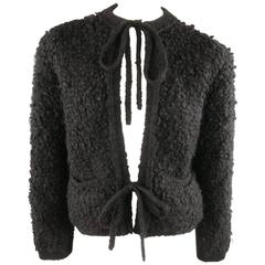 Vintage SONIA RYKIEL Black & Red Fuzzy Wool Knit Tie Cardigan Jacket