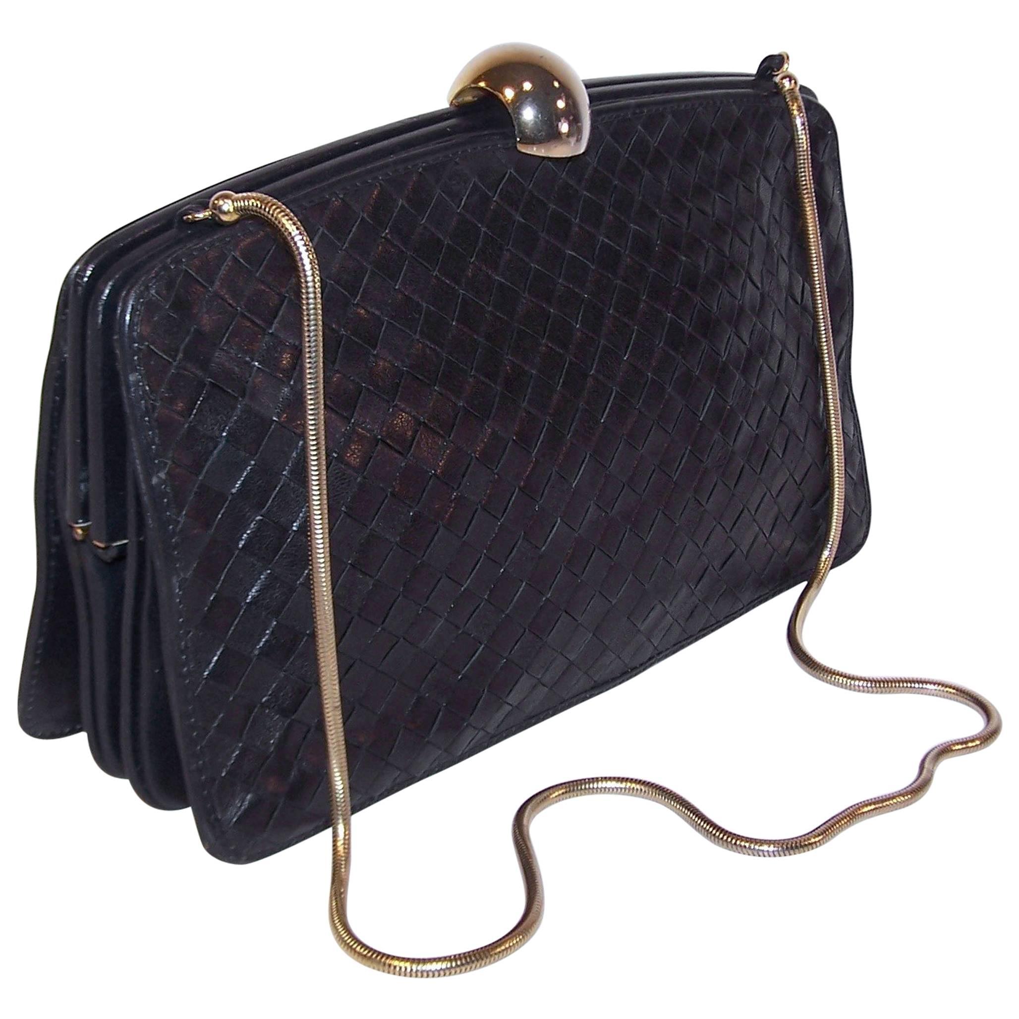 1970's Bottega Veneta Navy Blue Intrecciato Leather Handbag